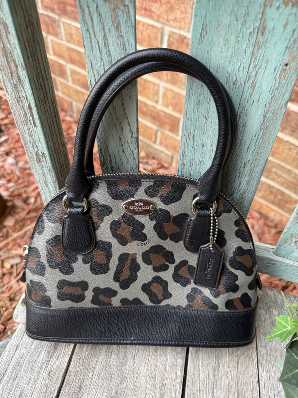 Coach Leopard-Print Cora Mini Dome Satchel in Black and Brown - Picture 4 of 14